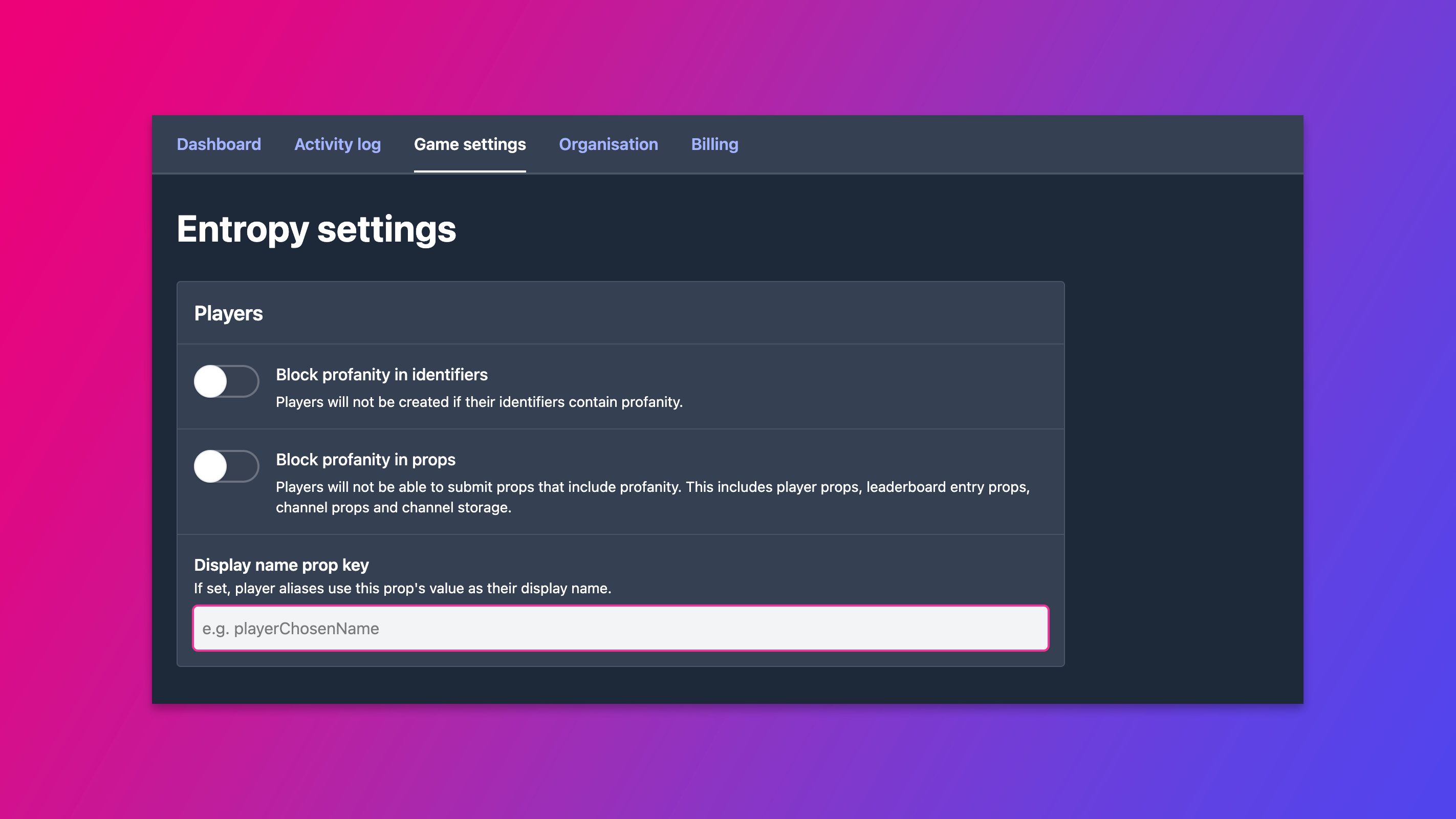 The display name prop key setting in the dashboard