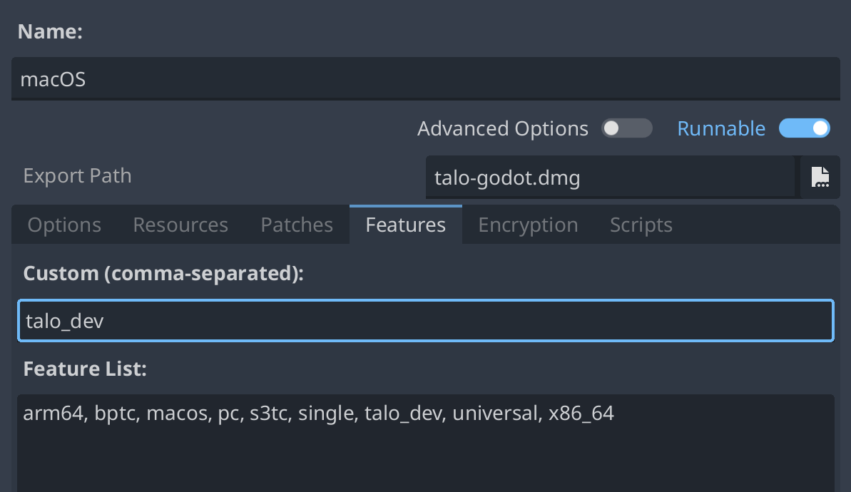 The Godot export window, showing the talo_dev feature attached