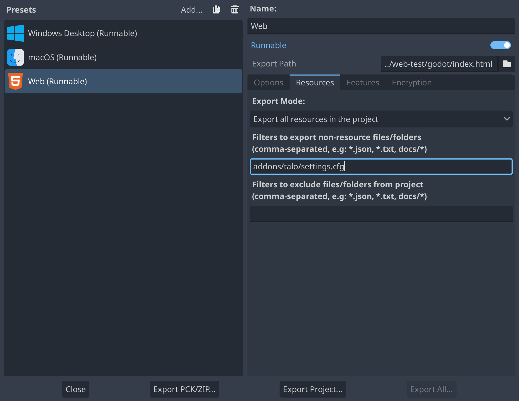 The Godot export window, showing the resources tab