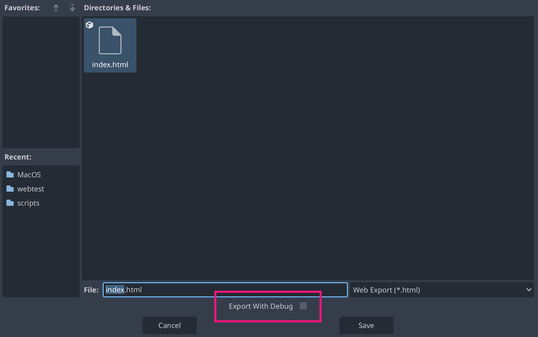 The Godot export window, showing the unticked export with debug option