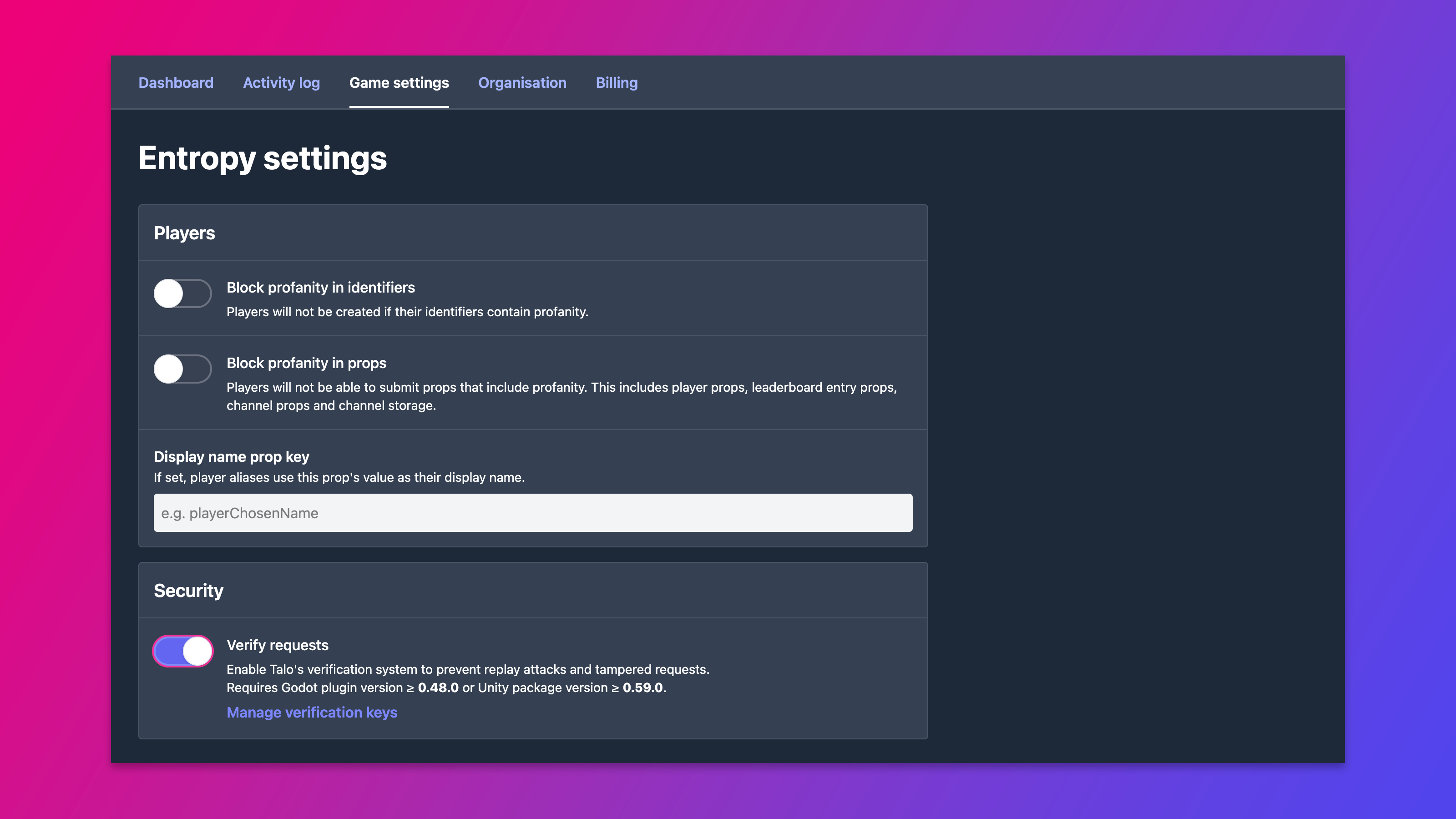 The verify requests setting in the dashboard